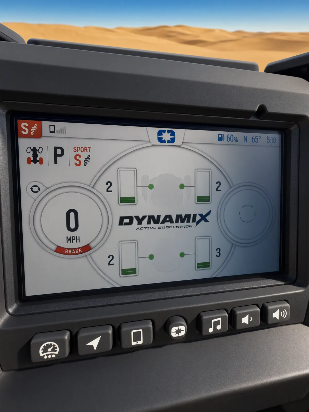 RZR Pro S Ultimate "Ninja" dash screen showing the DYNAMIX Active Suspension settings for each wheel in Sport mode, with music and volume buttons below and sand dunes beyond the dash